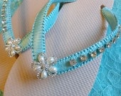 Beige bridal flip flops decorated with Tiffany Blue ribbon and rhinestones, Tiffany Blue Sandals Tan flip flops, Wedding Shoes, Macrame
