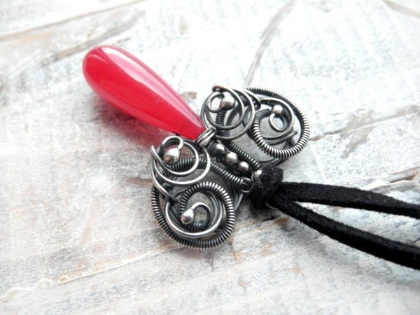 Red Butterfly Necklace - Silver Wire Wrapping Necklace with carmine Jasper - Botanical Woodland Romantic - Elvish Fantasy Necklace