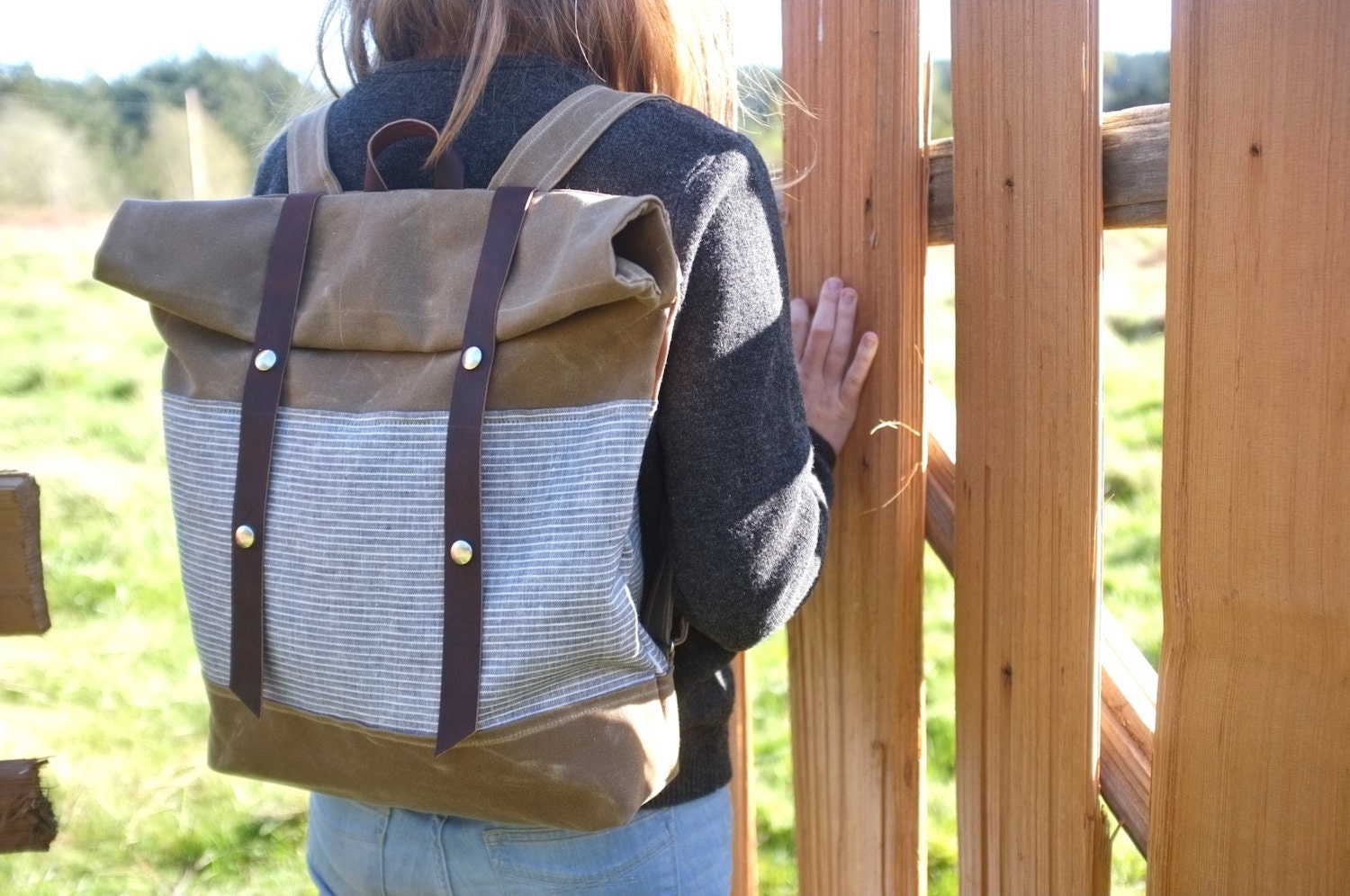 Waxed Canvas Snap Rucksack // Backpack // Roll Top // Sage & Grey Stripes // Limited Edition