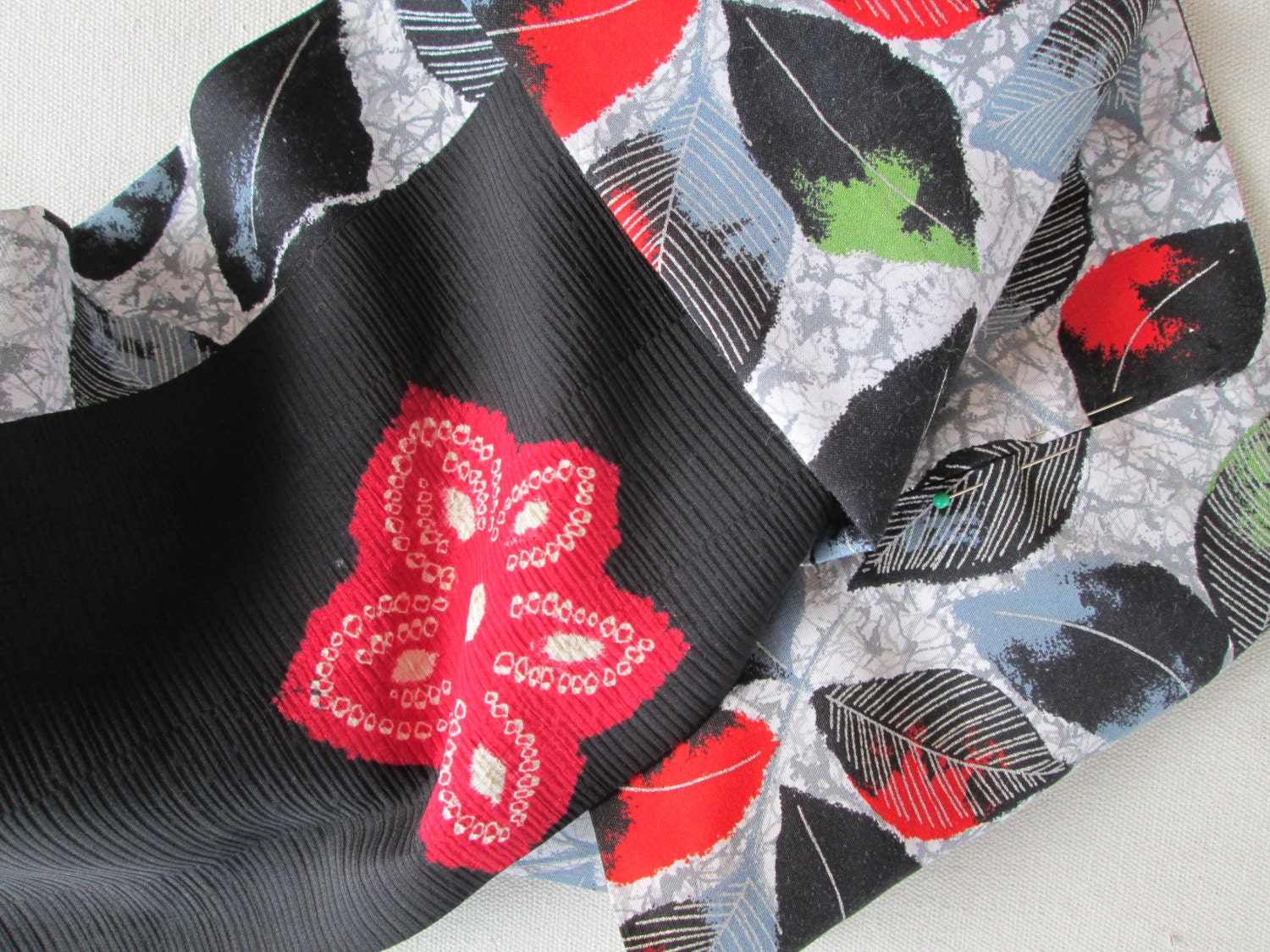 Handmade Kimono fabric Infinity scarf, Grey, Red and Black
