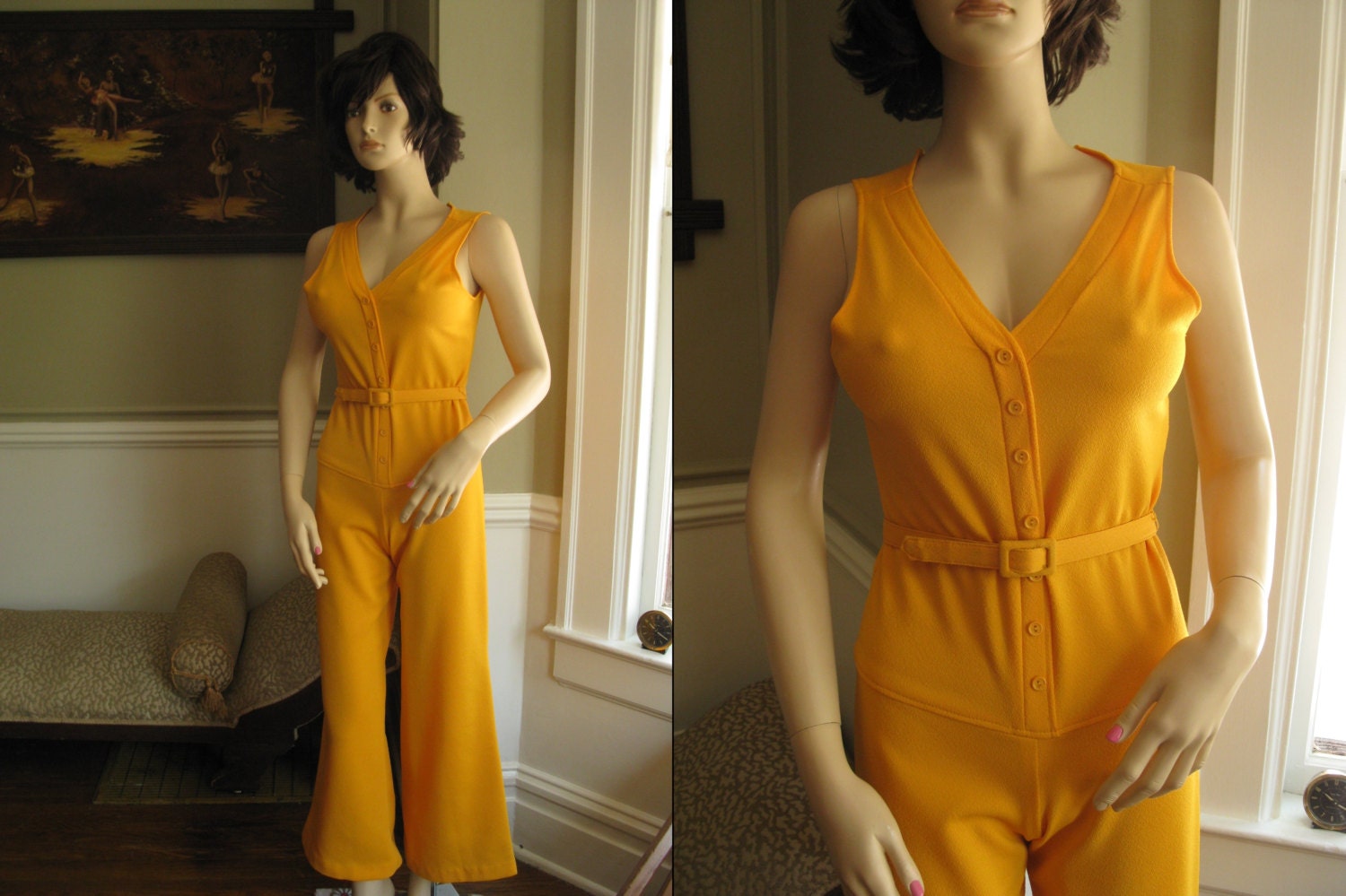 1960s mod Tangerine Jumpsuit Drop Waist Belted Bell Bottom Flare Pants Petite Size Small XS