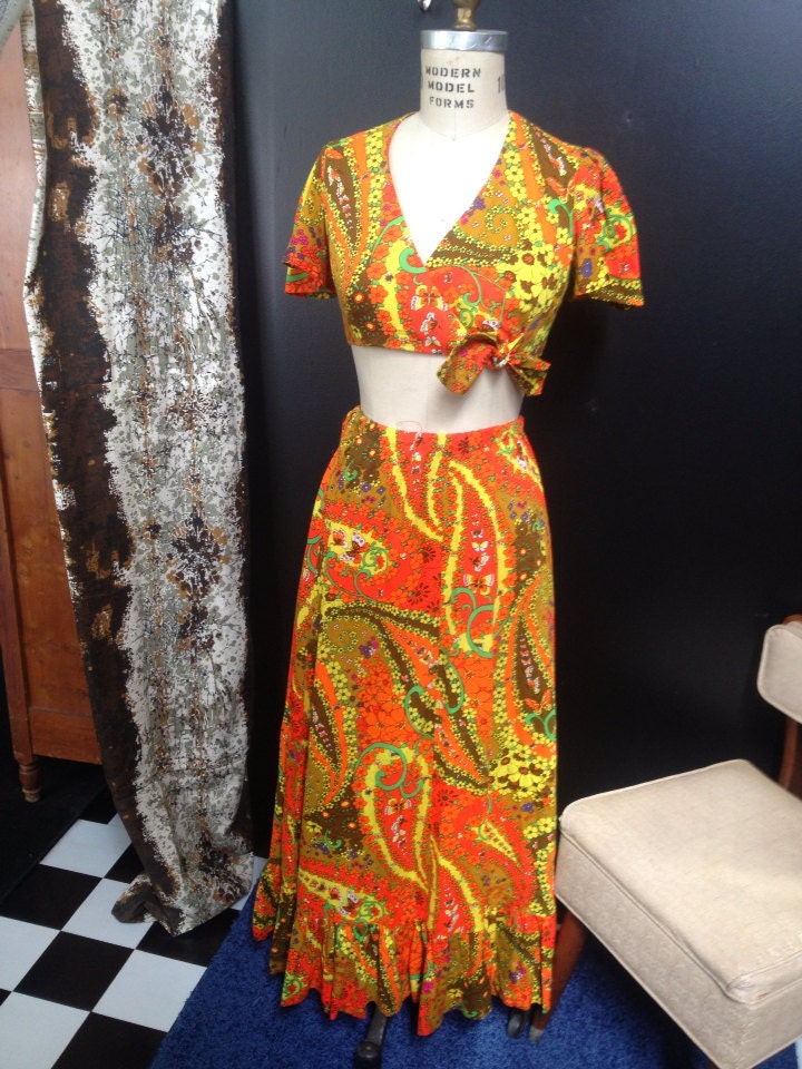 60s 70s psychedelic Neon Crop Top Maxi Skirt Set Small