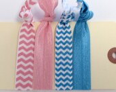 elastic hair ties pink and turquoise chevron set of 4