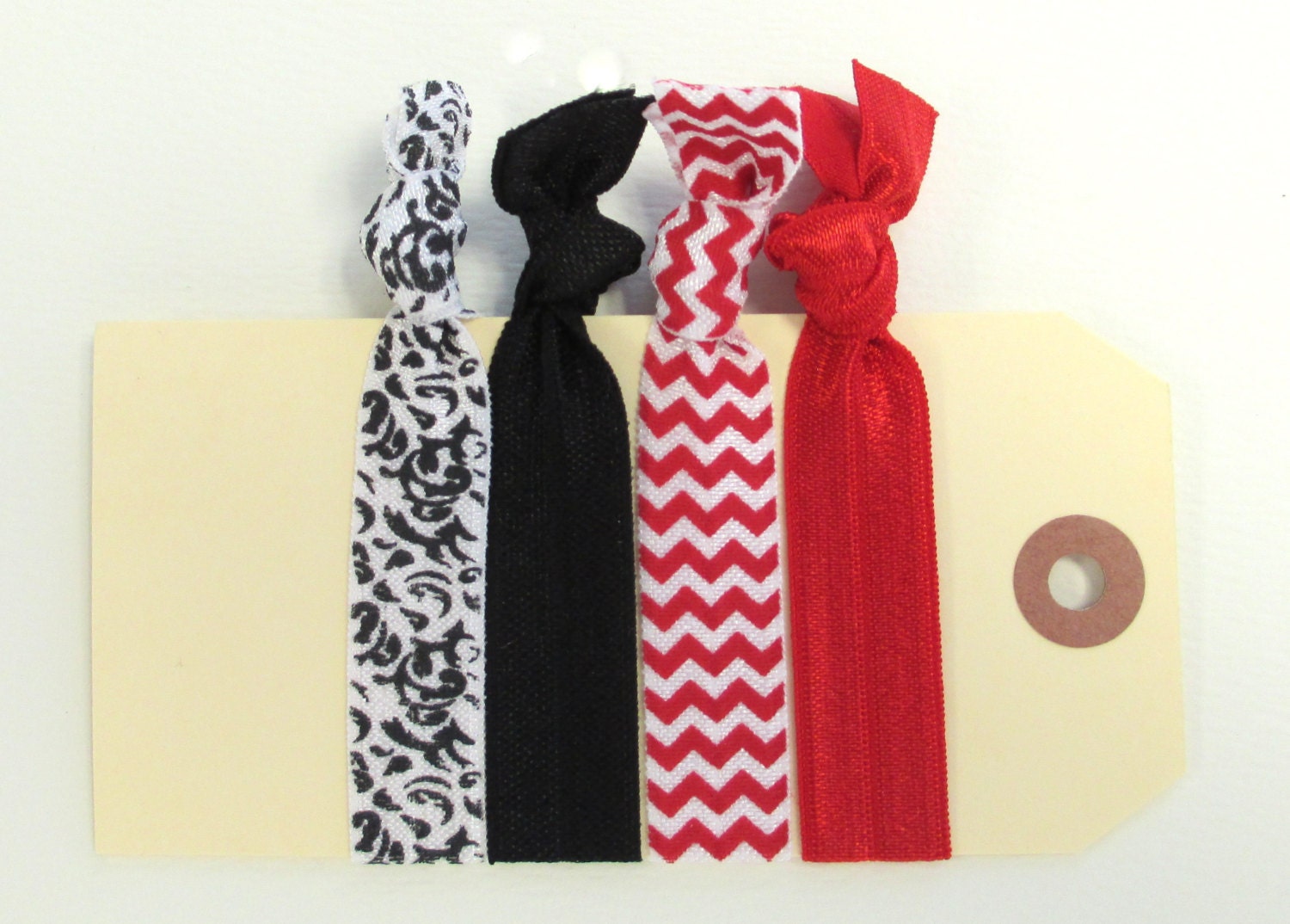 elastic hair ties red chevron white damask set of 4 ties