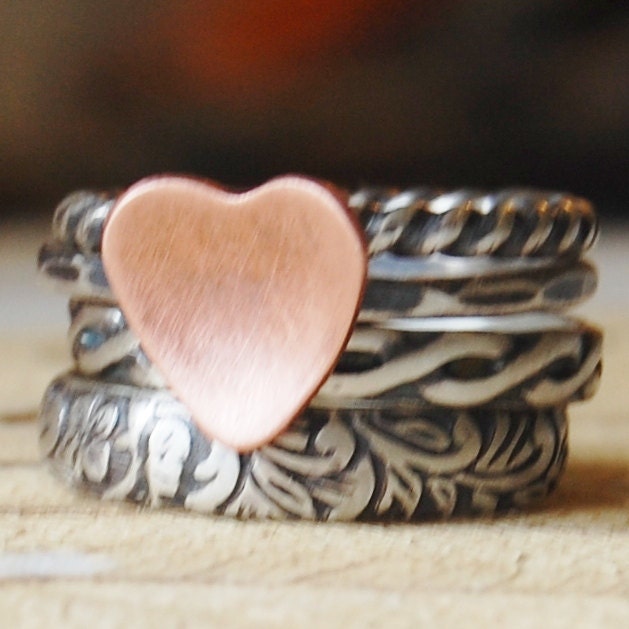 Rustic Romance - Sterling Silver and a Copper Heart - Stacking Ring Set of 4 - Made in Your Size