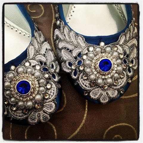Wreath of Silver Bridal Ballet Flats Sapphire Blue Wedding Shoes - Any Size - Pick your own shoe color and crystal color
