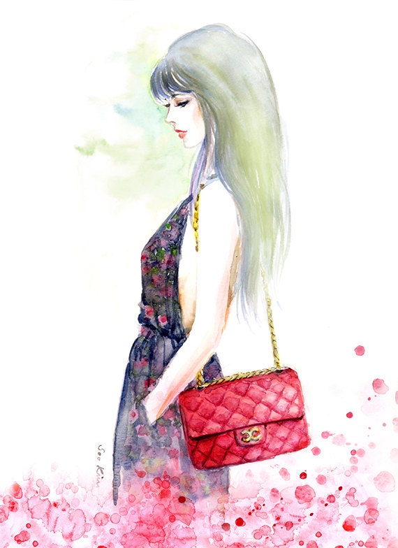 Watercolor Fashion illustration print -  Chanel Red Handbag