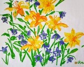 MINT Vera Neumann Napkin Set 4 8 12 Vintage 70s 1970s Lillies Lilly Flowers Ladybug Linens orange green yellow groovy kitchen dining decor