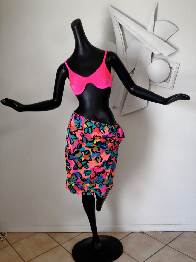 Vintage 80s 1980s Swimwear Swim Skirt Swimsuit Cover Up Pareo Sarong Skirt Wrap Around Catalina Medium Surf Attire