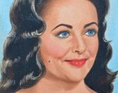 Vintage Elizabeth Liz Taylor Framed Portrait Oil Painting, 1960s,  KItsch, Female Portrait, Black Hair, Blue Eyes, Hollywood Glam, Movies
