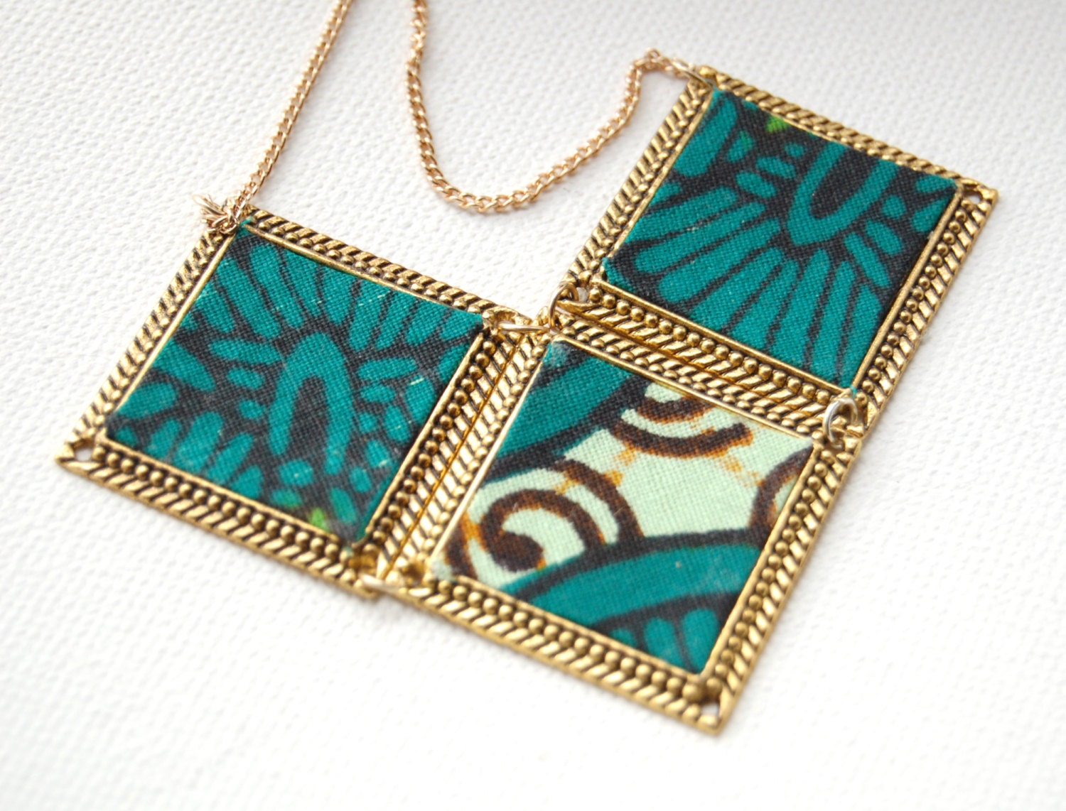 CLEO // Necklace // Emerald Green African print fabric // Gold plated chain