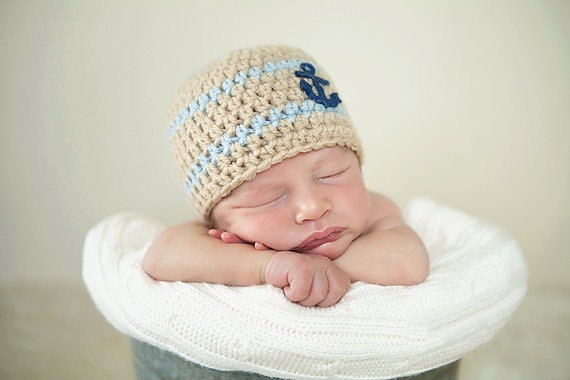 SALE Peas and Quiet Signature Classic Nautical Anchor Beanie Hat Photography Prop in Newborn, 0-3, 3-6, 6-12 months