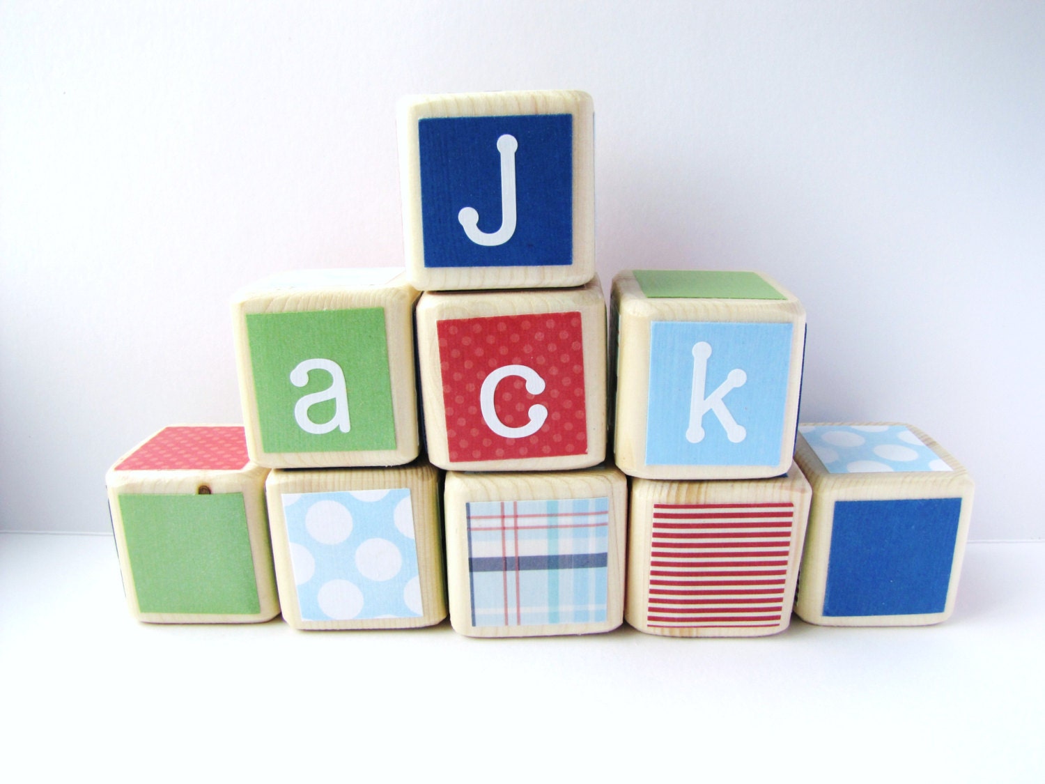 Wood Baby Blocks. Baby Shower Decoration. Plaid. PREPPY. Nursery Decor for children. Red, White, Blue, Green.
