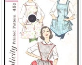 SIMPLICITY Pattern 3702 - Misses' One-Yard Aprons - Bib & Square Neck, Flower Pockets, V Hem - Vintage 1950s