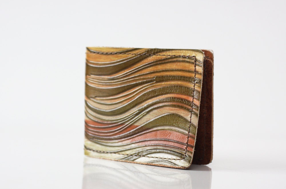 Handmade Wavy 70's Hippie Print Leather Green Billfold Wallet