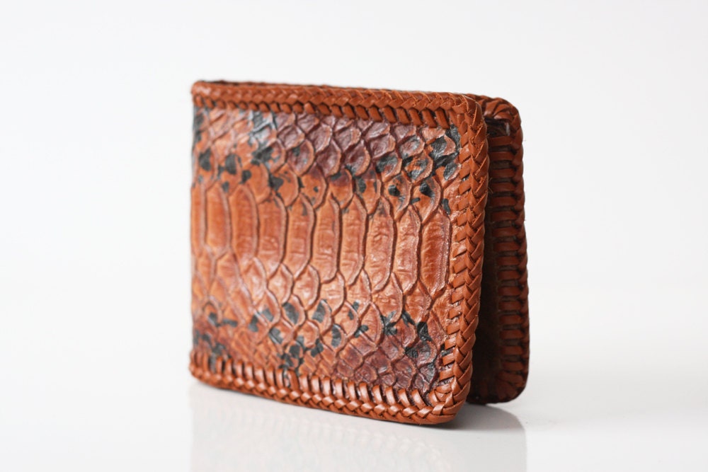 Handmade Natural Python Print Leather Hand Laced Billfold Wallet