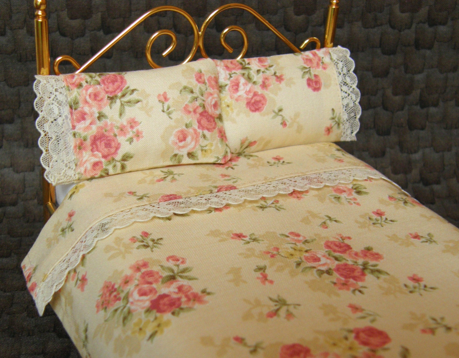 Reserved for Roberta - Dollhouse Miniature Shabby Chic Pink Roses Top Sheet and Pillow Set 1:12 scale