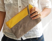 LEATHER clutch, Grey and yellow make up purse