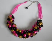 Hot Pink, Gold and Black Beaded Cluster Ribbon Necklace - Handmade, Pearl Jewelry, Ribbon, Bridal, Custom Items, Beaded