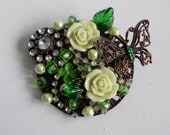Vintage Inspired Green, Cream and Copper Rhinestone Brooch - Butterfly and Flowers - Handmade, Pin, Metal Brooch, Flower Brooch, Accessories