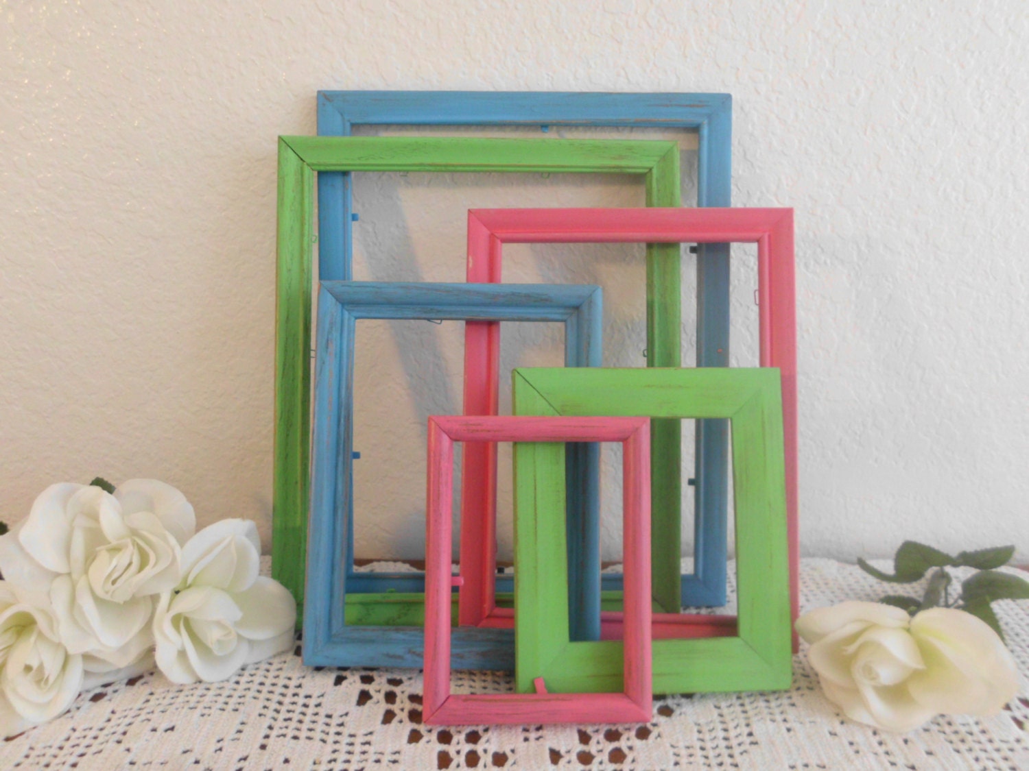 Lime Green Aqua Turquoise Blue Pink Colorful Picture Frame Set Shabby Chic Photo Gallery Collection Beach Cottage Summer Wedding Home Decor