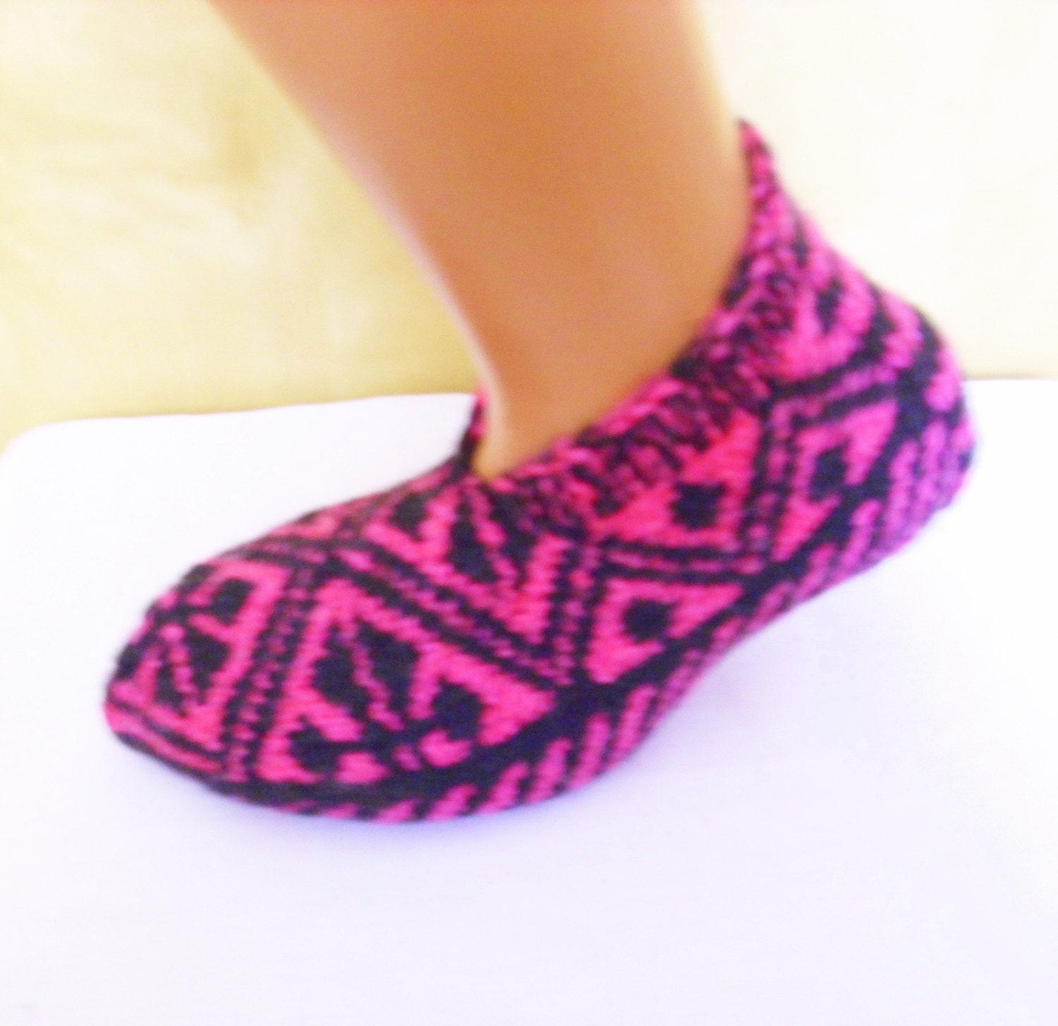 pink and black Traditional Hand Knit Turkish Socks Slippers for adults, crochet womens slippers, knitted home shoes,