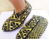yellow, and black  Traditional Hand Knit Turkish Socks Slippers for adults, crochet womens slippers, knitted home shoes,