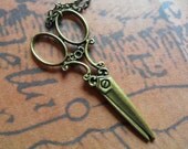 Scissors Necklace- BIG antique victorian bronze brass Pendant, scissors Jewelry, Hair Stylist Seamstress Dressmaker Whimsical Gift
