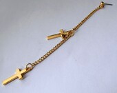 1PC Double Cross Statement Earring - Unique Golden Chain Dangle Little Cross SUPER LONG Steampunk Ear Stud, modern fashion chic girly lolita