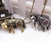 Wolf Necklace- 3D Bronze/Antique Silver BIG Hungry Wolf Pendant, Miniature wild wildlife woodland Animal sculpture Totem Jewelry