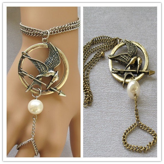 Hunger Games Bracelet- Bronze Mockingjay Metal Harness Armor Pearl Connected Ring Bracelet Bangle, hand Link chain, slave bracelet, big ring