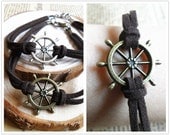 Rudder bracelet- Antique Silver/Bronze Minimalist Boat Ship Wheel brown soft Velvet Rope Cord Bracelet, Nautical Sailing Beach jewelry