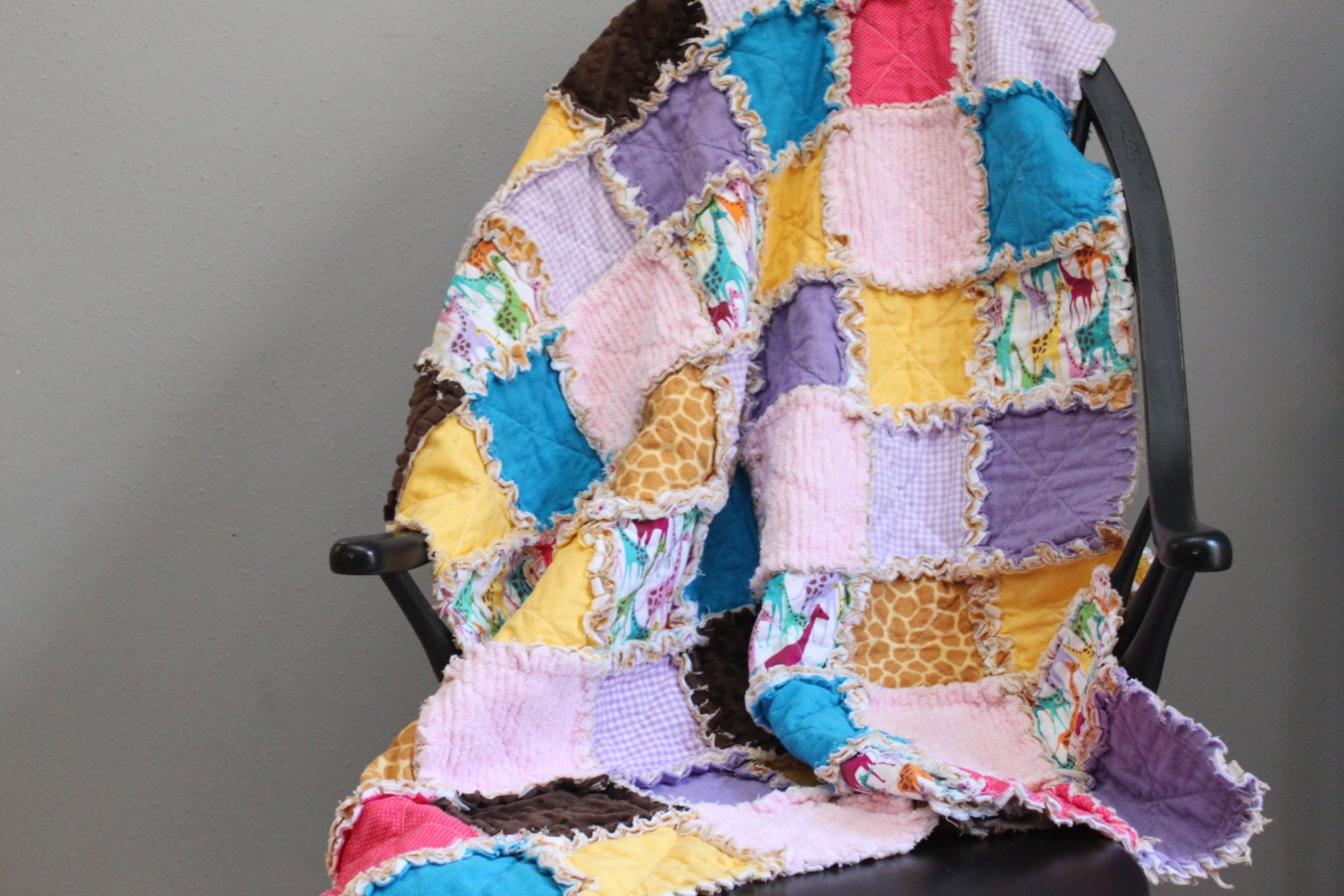 Giraffe Minky Quilt, jungle, safari rag quilt with personalized LABEL INCLUDED, chenille patchwork crib size quilt