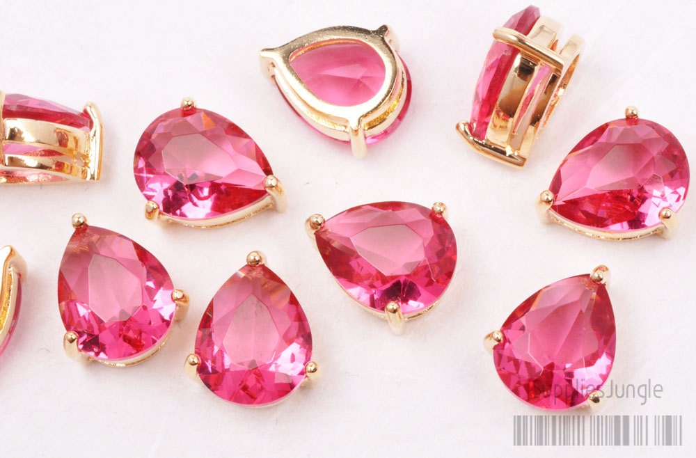 F116-G-RU// Ruby 16k Gold Plated Framed Faceted Teardrop Glass Pendant, 2 pcs