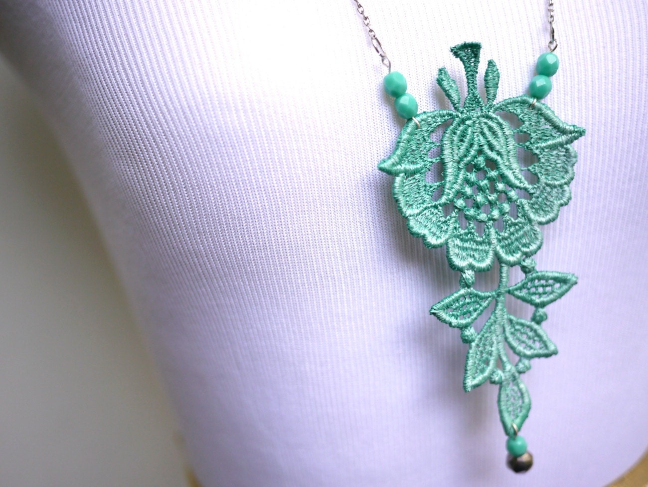 Lace Statement Necklace in Teal Mint Green Beaded Necklace - Customizable Colors