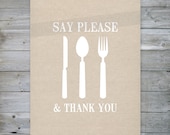 Kitchen Print - Say Please and Thank You natural burlap with white utensils 8x10 wall art decor