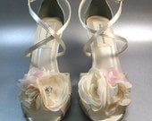 Wedding Shoes -- Ivory Wedges with Ivory and Pink Flowers and Rhinestone Accents