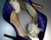 SAMPLE SALE Wedding Shoes -- Marine Blue Wedding Peeptoes with Ivory Flower Adornment -- Size 8 Only