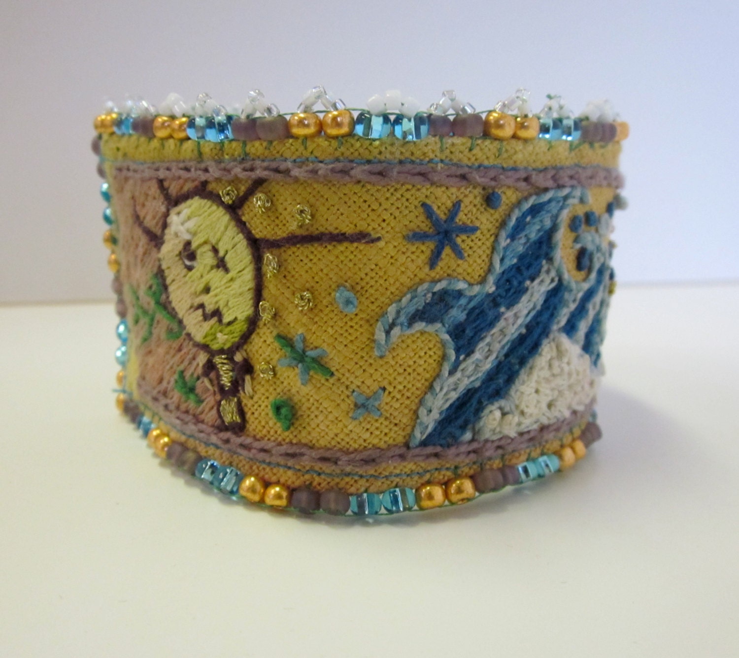 ANHEDONIA hand dyed free form embroidery beaded linen and leather cuff bracelet