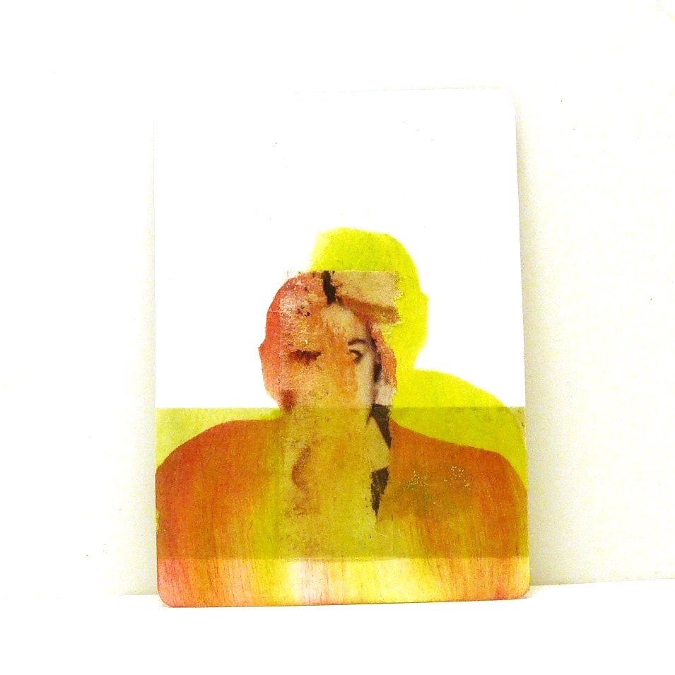 mixed media art, original aceo portrait --  neon street art, silhouette, image transfer, chartreuse, tiny paintings, artist trading cards