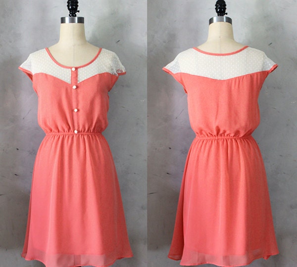 PETIT DEJEUNER - Coral orange pink dress with polka dot lace illusion neckline // retro // vintage inspired // bridesmaid dress
