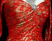 STRIKING GLAMOROUS French Couture 1990s Fine Red Flame Silk Torch Dress - Divine Plunge Wiggle Skirt Split To Waist Nude Mini Under Dress