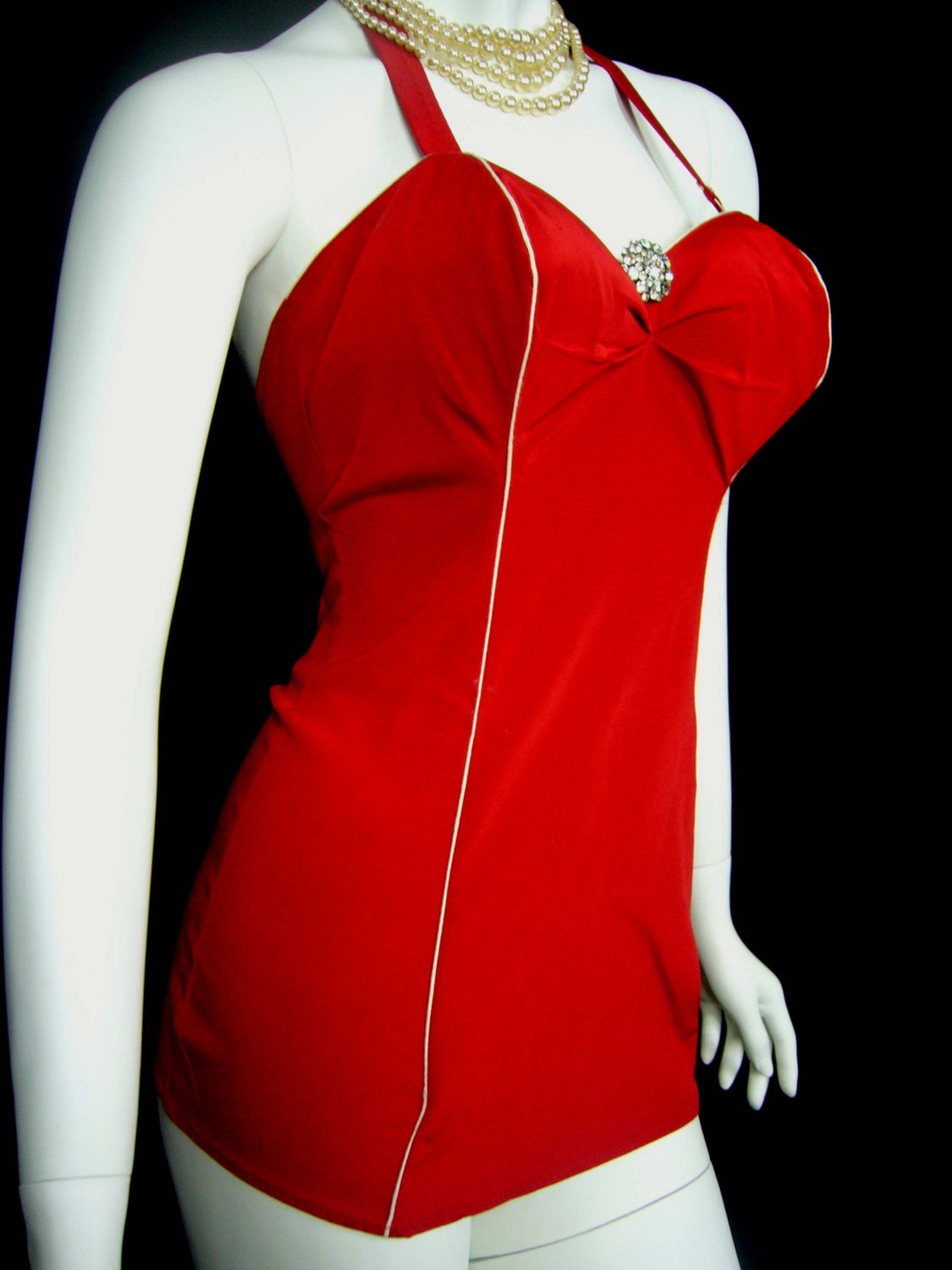 RAUNCHY Claret Cherry Red PINUP Bombshell 1950s Bullet Bust Halter Bathing Suit - 50s Burlesque Gorgeous Unworn Large