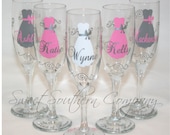 6 Personalized Bride and Bridesmaid Champagne Flutes with Strapless Gown