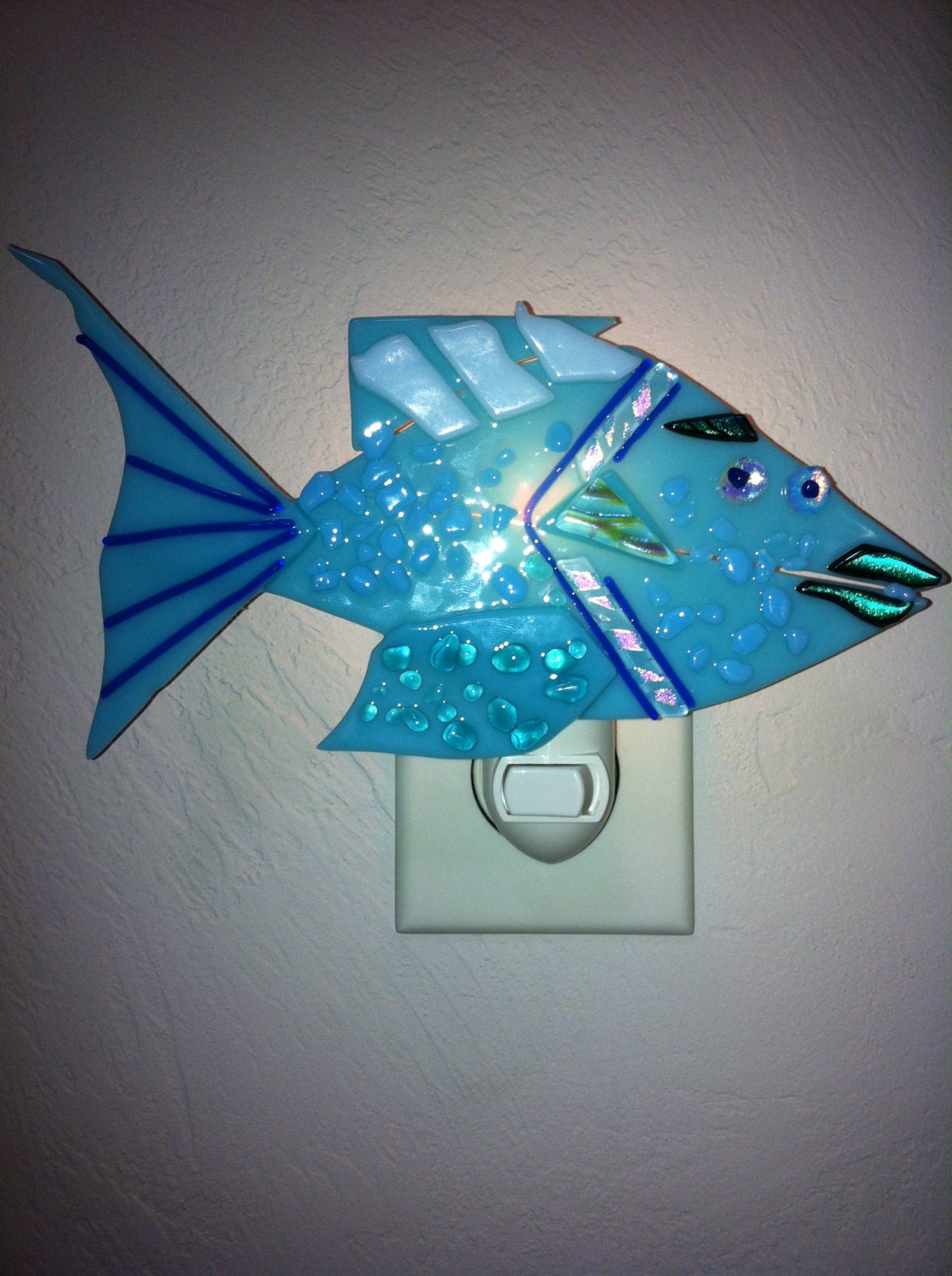 Blue Fused Glass Night Light, Fish Lips Glass Night Light, Whimsical Fish Night Light