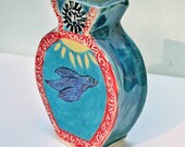 ceramic pottery red and blue bird vase