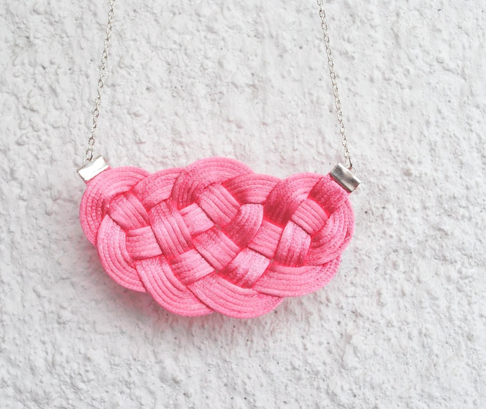 Pink big knot necklace, knotted satin cords, spring, summer, rope jewelry, elegant, gift for her, nautical style