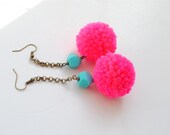 Neon pink pom pom dangle earrings, turquoise faceted handmade polymer beads, summer trends
