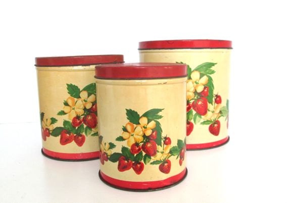 Vinatge Kitchen Canisters Set - Tin Containers - Pantry Storage - Decoware - Kitsch Decor