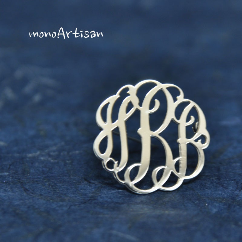 Silver Monogram Pin- Monogram brooch 1 1/4inch- Hand Sketch& Hand Craft